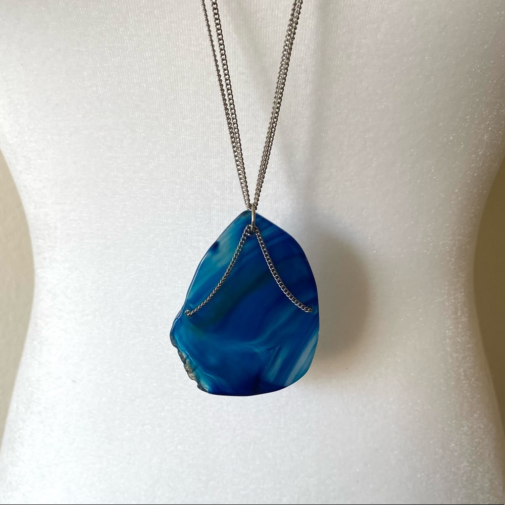 Boho Agate Long Chain Pendant Necklace, Blue